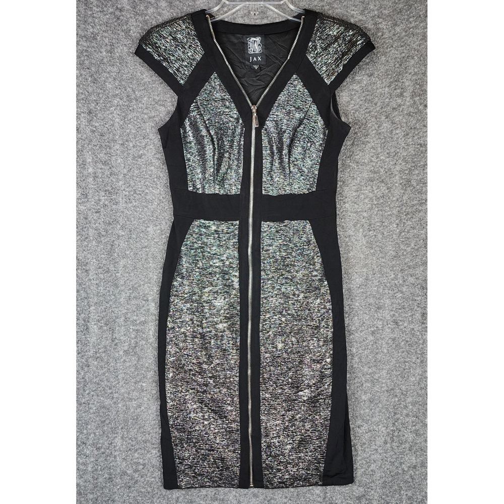 Jax Sheath Dress Womens 2 1PKX45M Black Silver Metallic Full Zip Cap Sleeve EUC